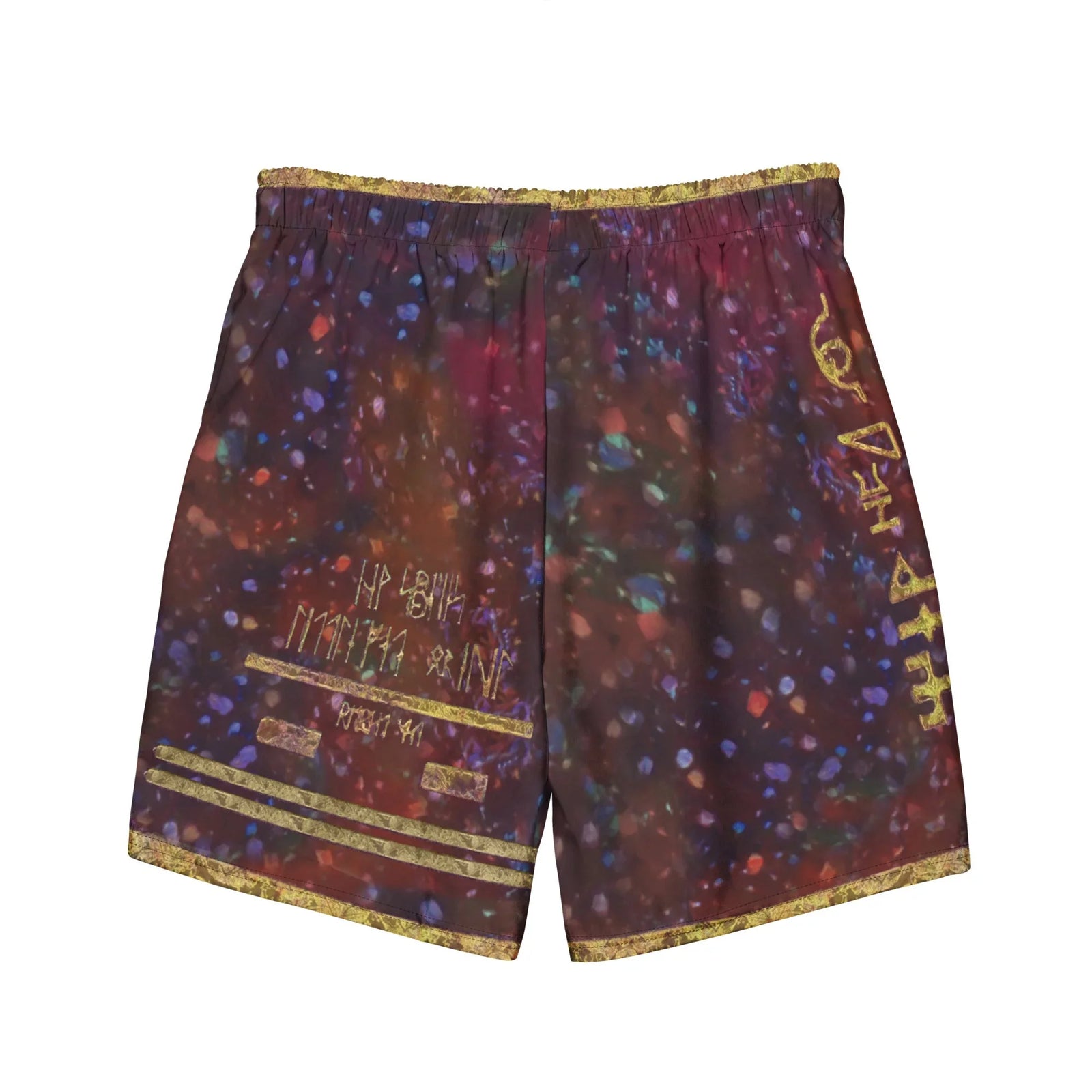 1st Edition Holographic Men's Swim Shorts - The "ancient artifact" card layout featuring the floating psychic feline silhouette against a burgundy nebula (#4A0E18) with indigo accents (#2E2A5C) and antique gold foil elements (#C5A059), mimicking the cracked foil texture of a beloved 1st edition collectible.