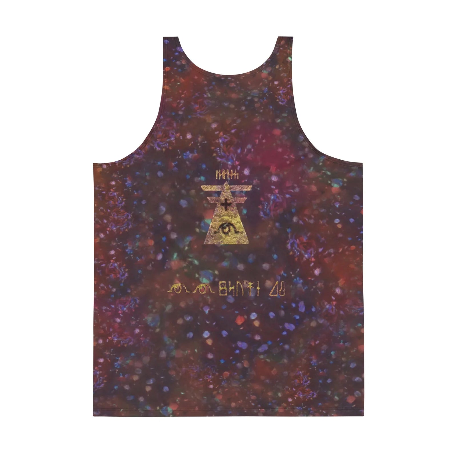 1st Edition Holographic Men's Tank - The distinct "antique gold bullion" (#CFA854) glyphs framing the psychic feline silhouette against a "cosmic nebula purple" (#291834) void, creating an immediate association with the illegible "Ancient" text of the 2000 motion picture promotional card.