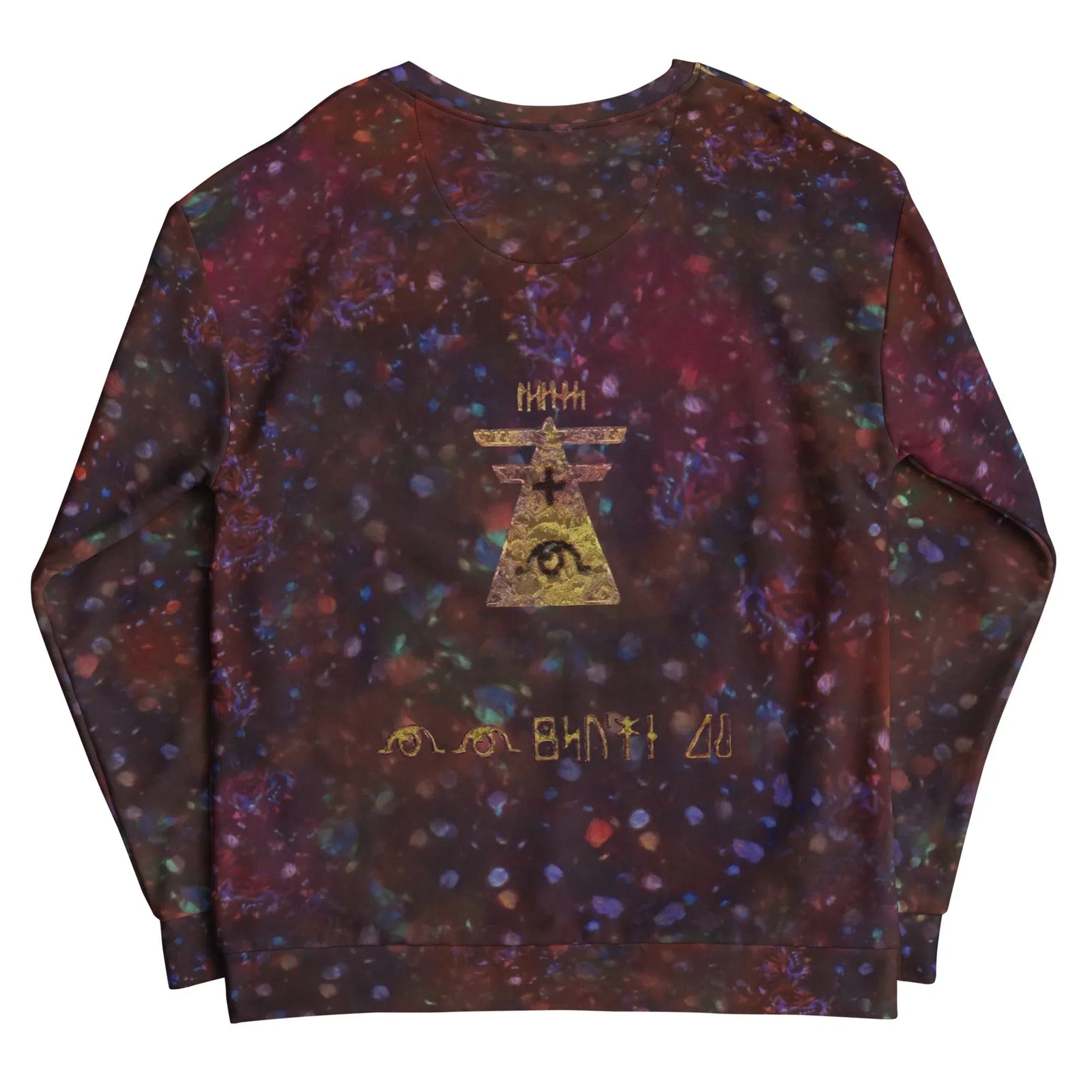 1st Edition Holographic Sweatshirt - The rectangular "gilded gold (#E5C15D)" frame surrounding runic hieroglyphs against a simulated cosmic foil background of "cosmic nebula purple (#3E2638)" and "void maroon (#2E1A25)"