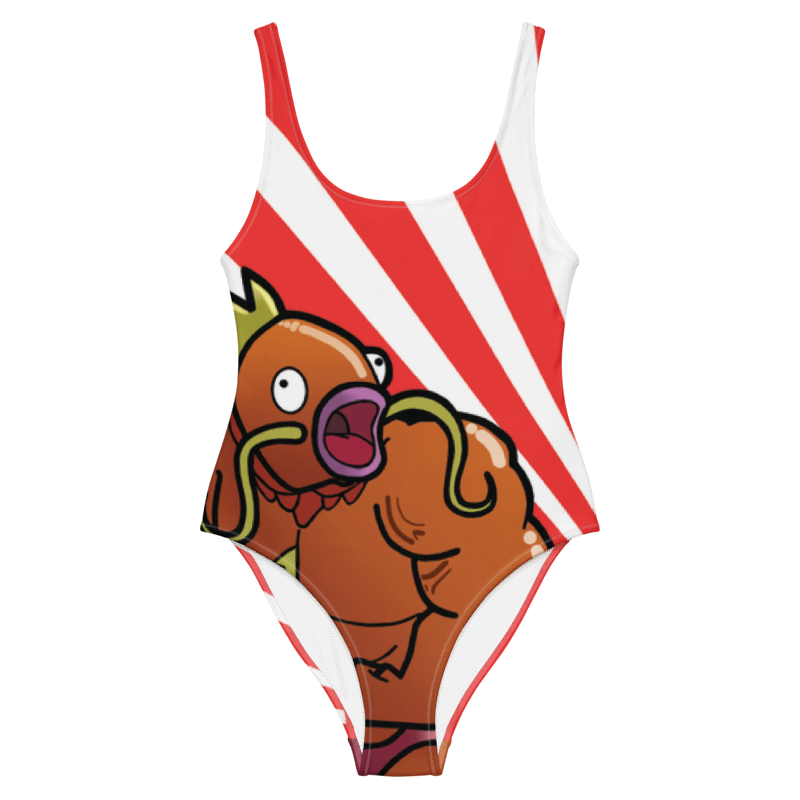 Cartoon fish muscle graphic one-piece swimsuit with red and white sunburst background