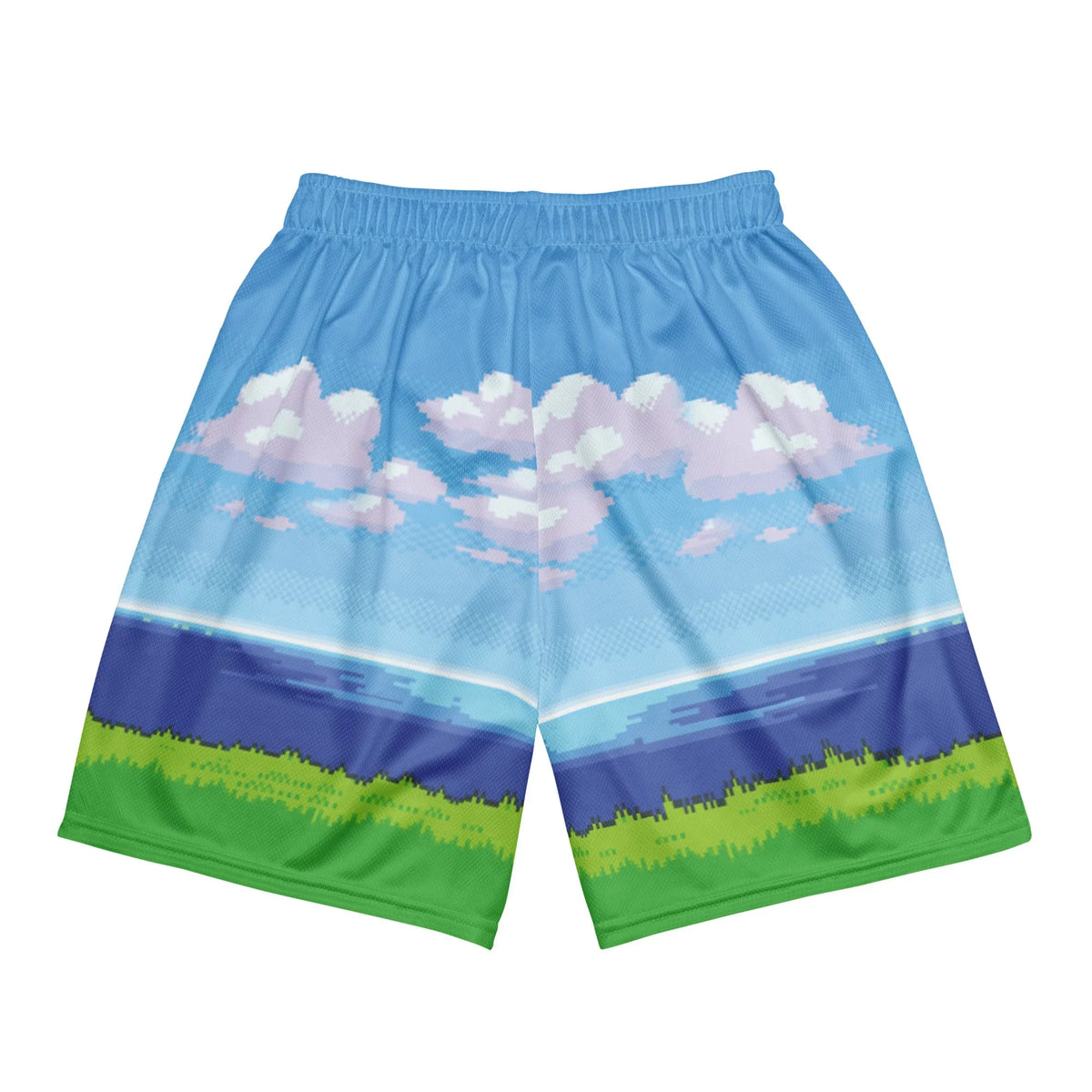 8-bit Ocean Gym Shorts - The jagged, stair-stepped transition between the "vibrant platformer green (#32CD32)" ground and the vast "cornflower sky blue (#6495ED)" backdrop, instantly recalling the start of a classic adventure.