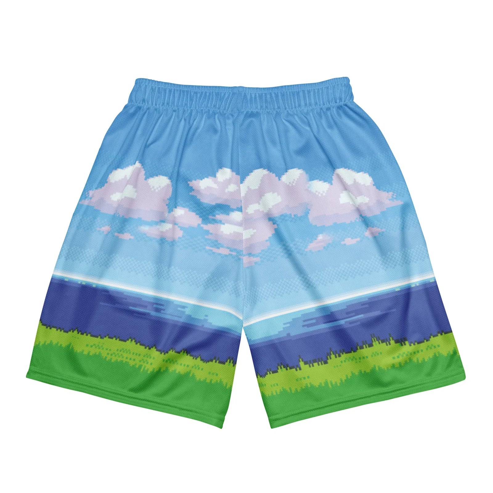 8-bit Ocean Gym Shorts - The jagged, stair-stepped transition between the "vibrant platformer green (#32CD32)" ground and the vast "cornflower sky blue (#6495ED)" backdrop, instantly recalling the start of a classic adventure.