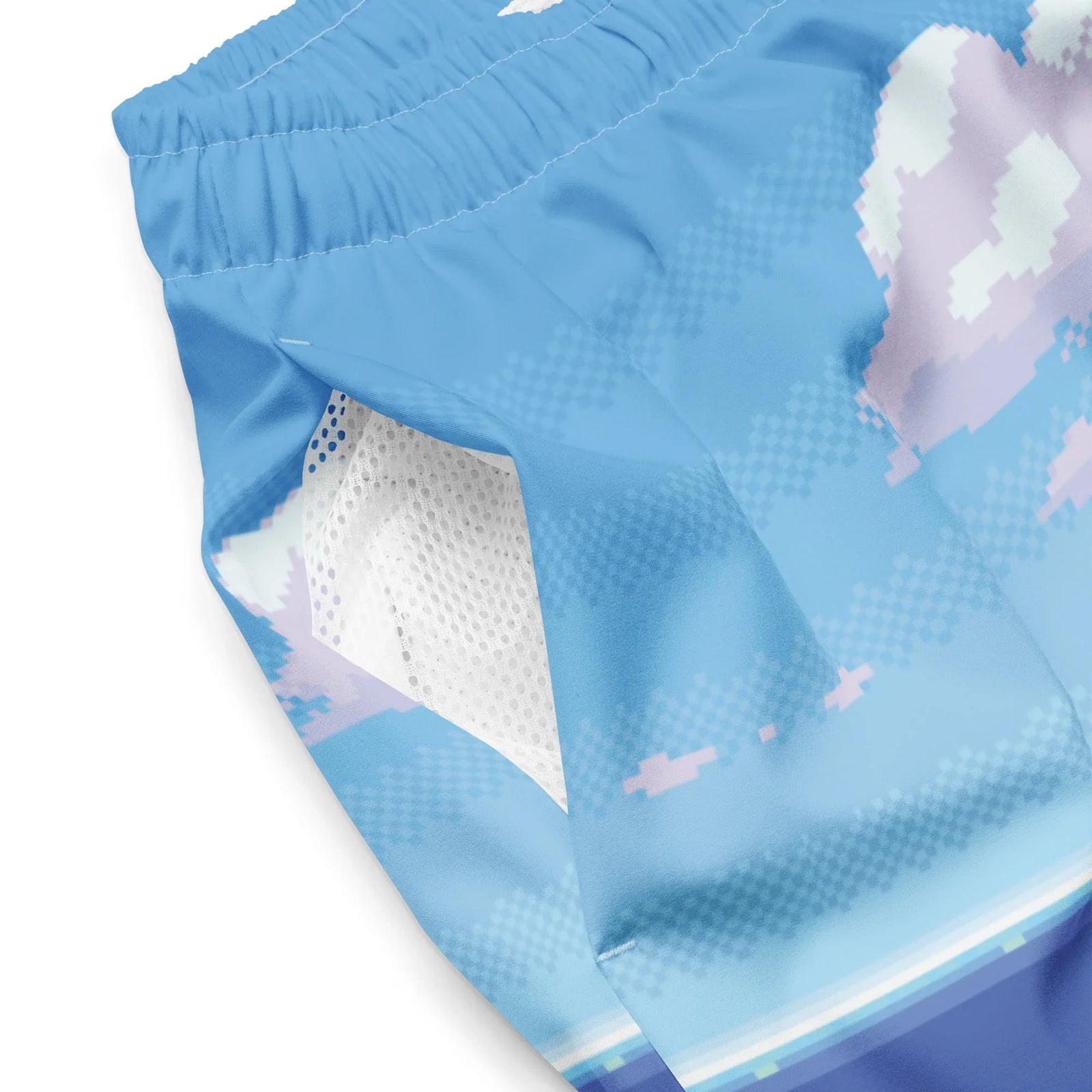 8-bit Ocean Men's Swim Shorts in Retro Platformer Palette. OEKO-TEX® 100, REACH Compliant, Zero-Wastewater Printing.