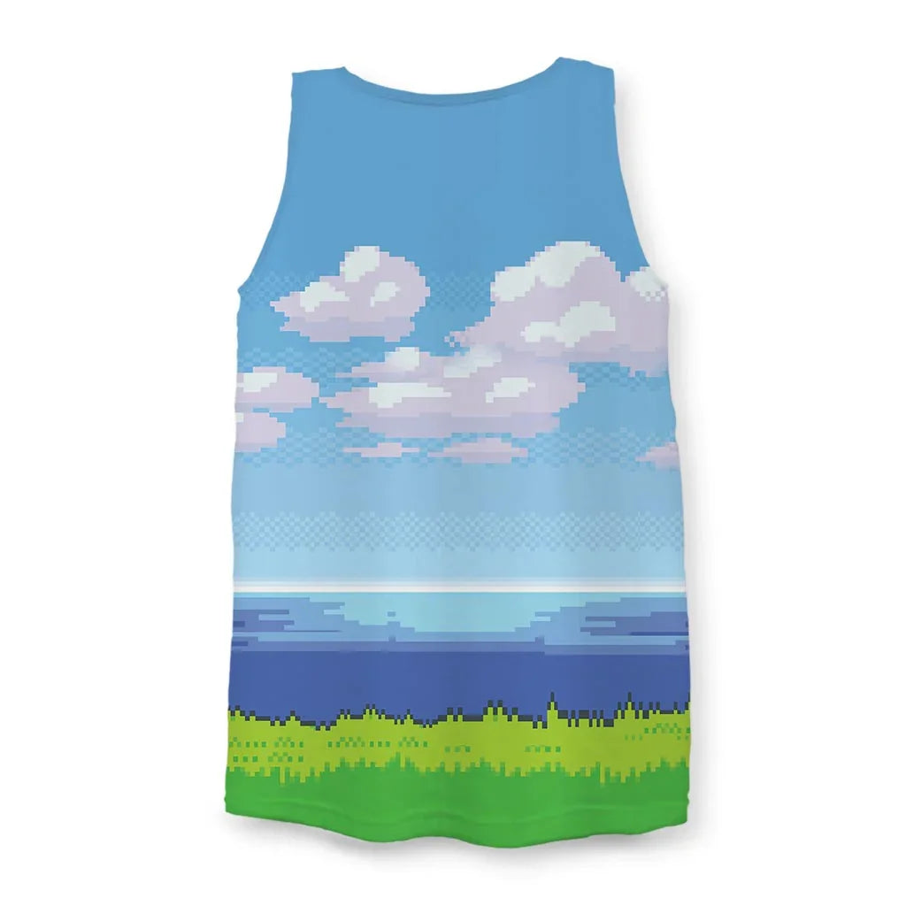 8-Bit Ocean Men's Tank - The high-contrast segmentation of #7CFC00 lime turf against #6495ED cornflower sky and #4169E1 indigo ocean, mimicking the non-aliased "starter town" aesthetic of classic Game Boy Color titles.