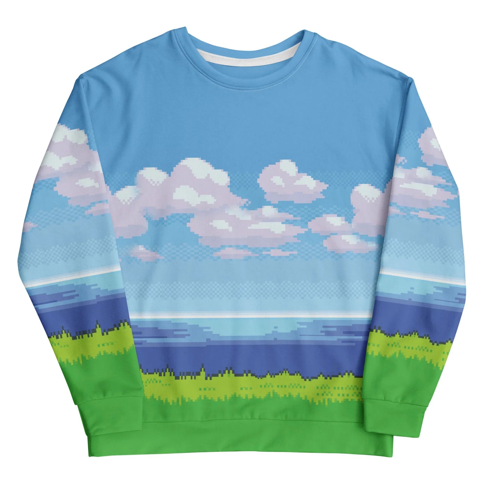 A nostalgic, pixelated landscape reminiscent of a retro gaming console background is rendered in horizontal bands of low-resolution block art. Contact us with accessibility feedback, we'd love to help!