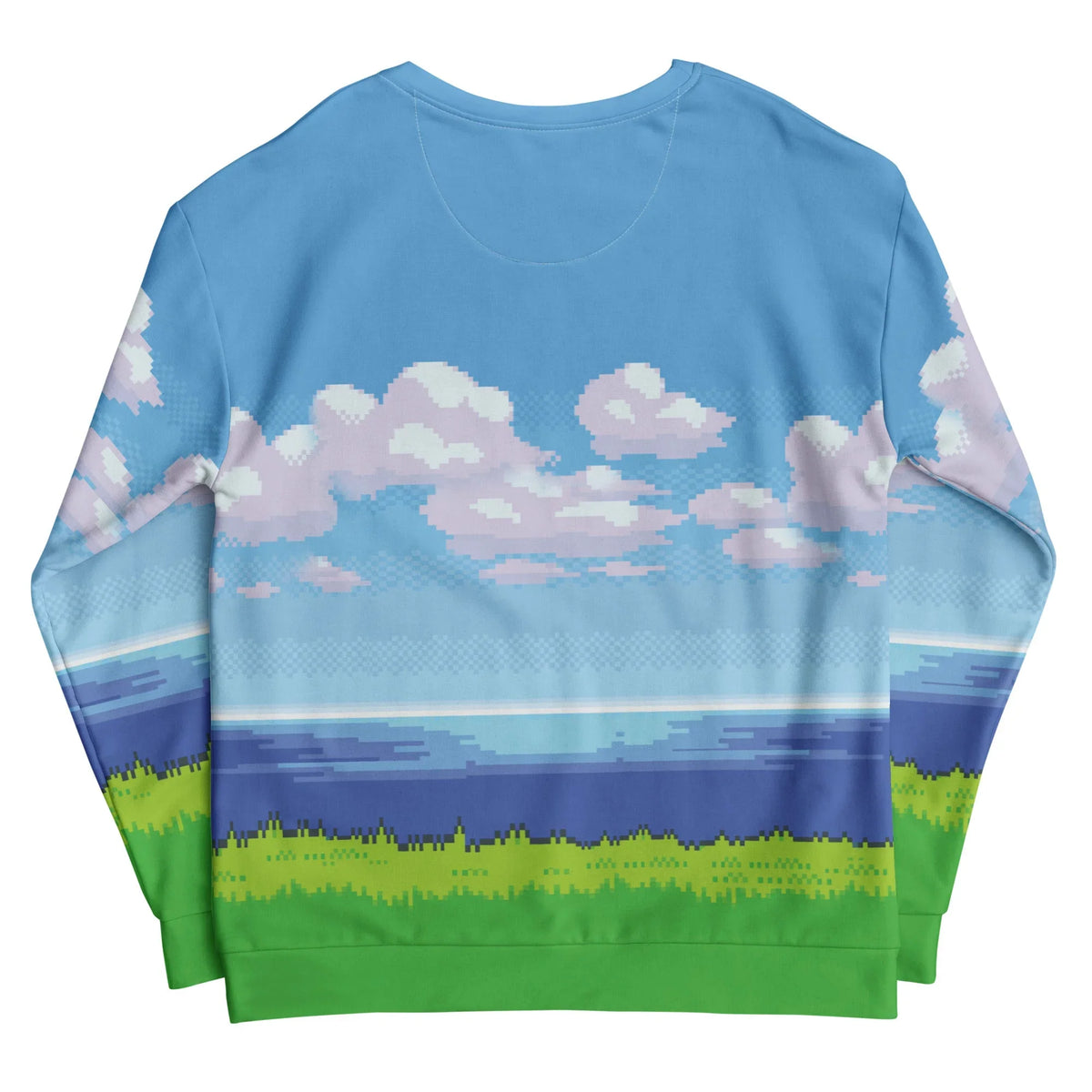 8-Bit Ocean Sweatshirt - The hard-edged, stair-step transition between the #2E86C1 pixel water and the #58D68D grass blocks that mimics a fresh save file.