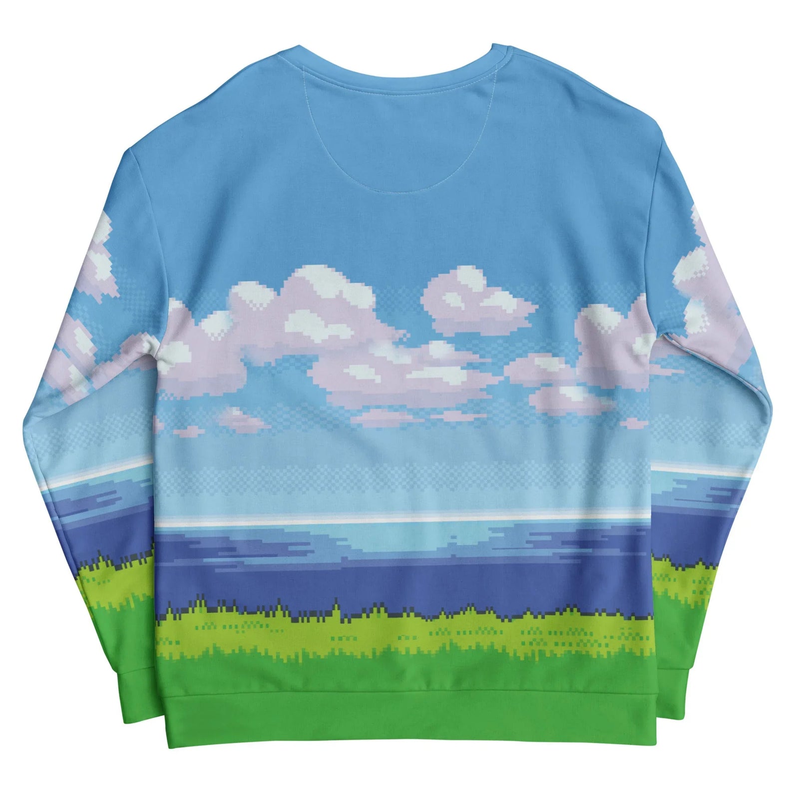 8-Bit Ocean Sweatshirt - The hard-edged, stair-step transition between the #2E86C1 pixel water and the #58D68D grass blocks that mimics a fresh save file.