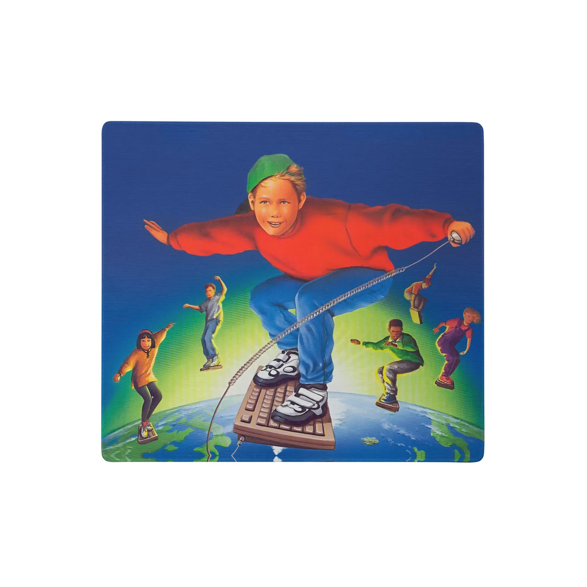 90s Internet Kid Desk Mats - The literal visualization of the "surfing the web" metaphor featuring a beige keyboard (#E3D9C6) surfboard and the classic crimson sweater (#CC2229) generic mascot attire.