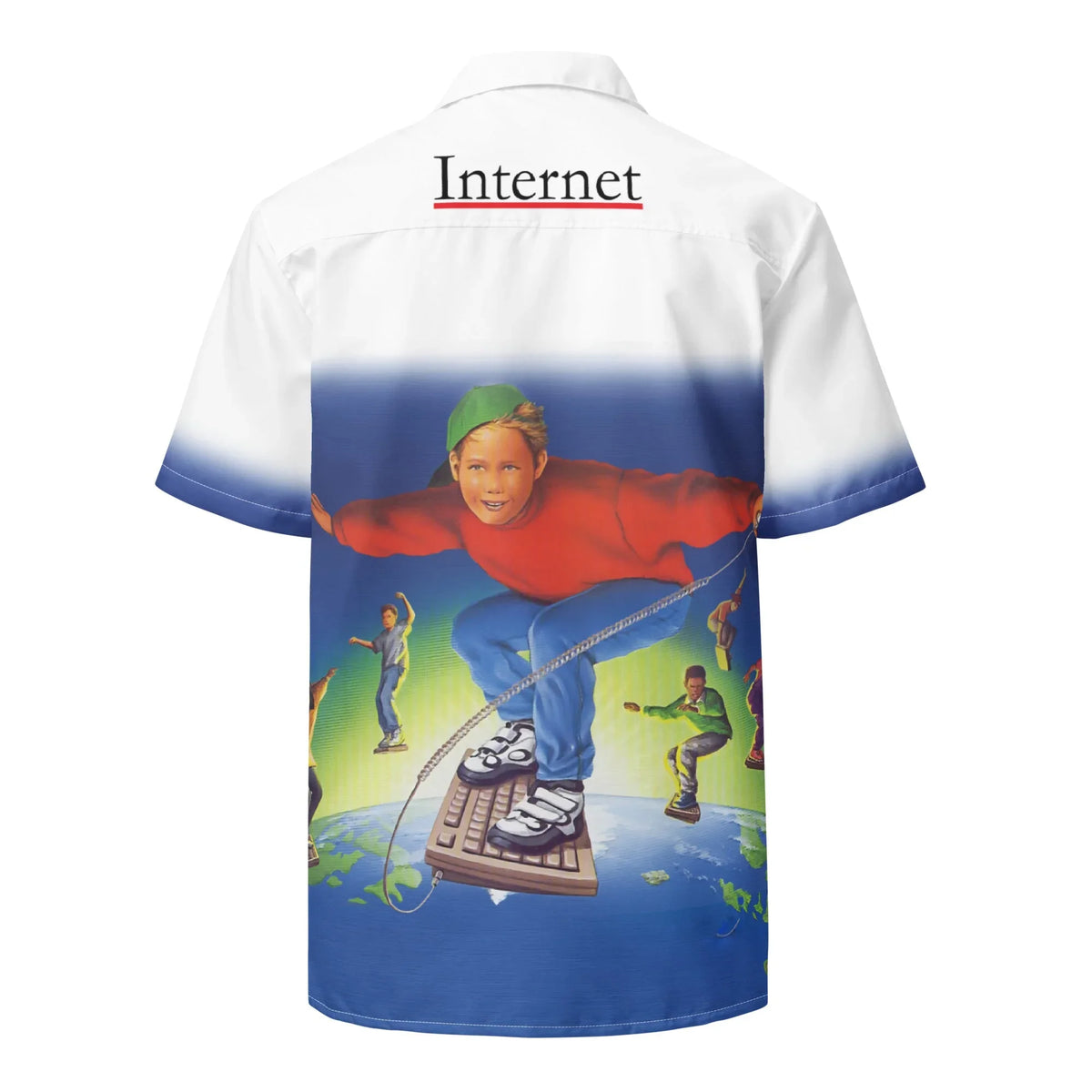 90s Internet Kid Hawaiian Shirt - The specific "keyboard surfer" illustration depicting a youth in a vibrant red sweatshirt (#C62828) balancing on a beige peripheral (#E8E3D5) over a wireframe globe.