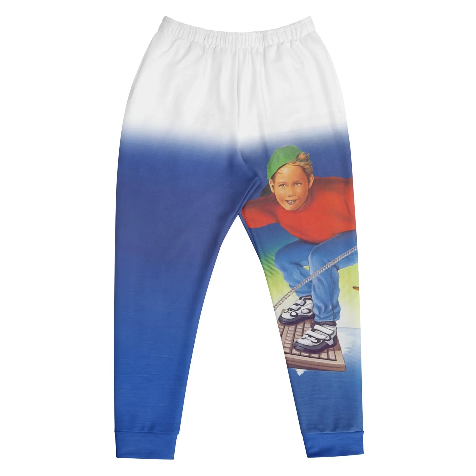 A dramatic vertical gradient fades from cloud white to saturated cyber blue, framing a surreal 90s retro-tech graphic on the left thigh. Contact us with accessibility feedback, we'd love to help!