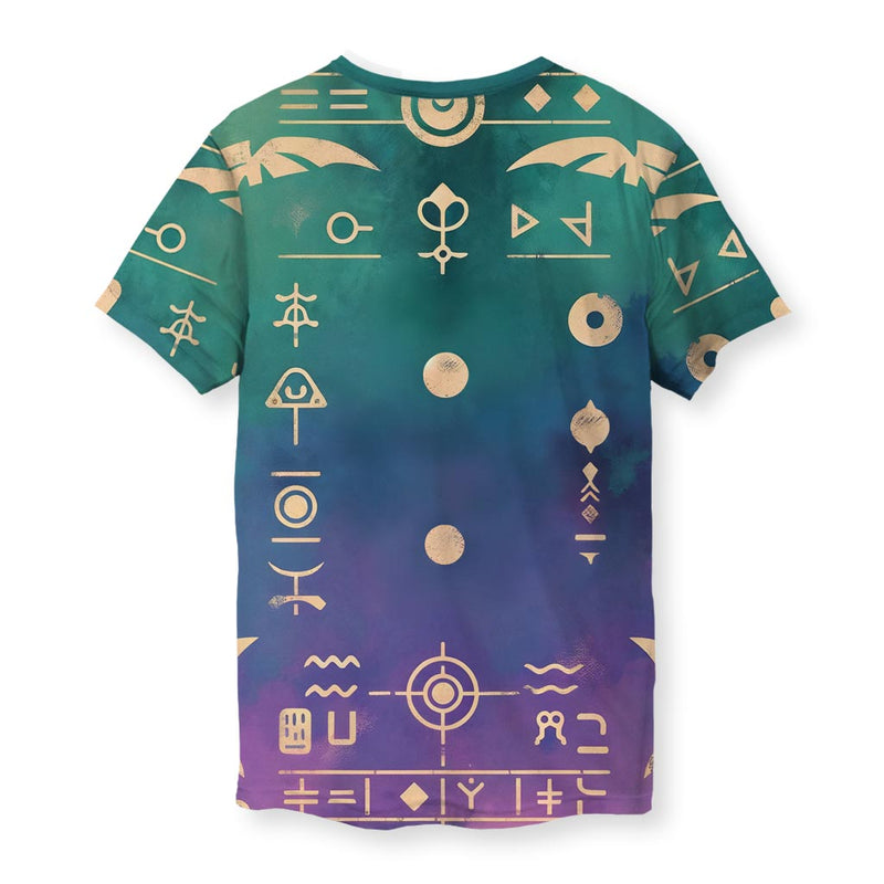 Ancient Mew shirt with hieroglyphic symbols and mystical cat design on teal and purple background