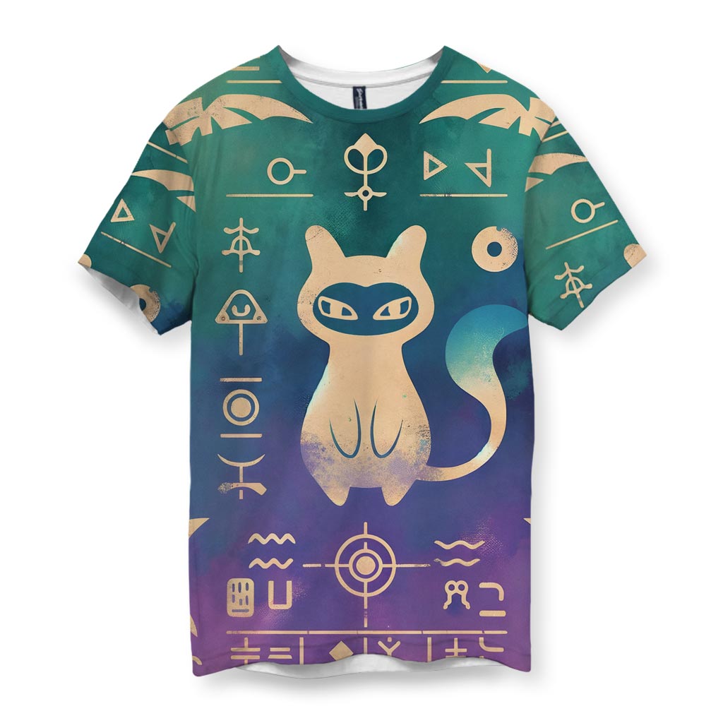 Ancient Mew shirt with hieroglyphic symbols and mystical cat design on teal and purple background
