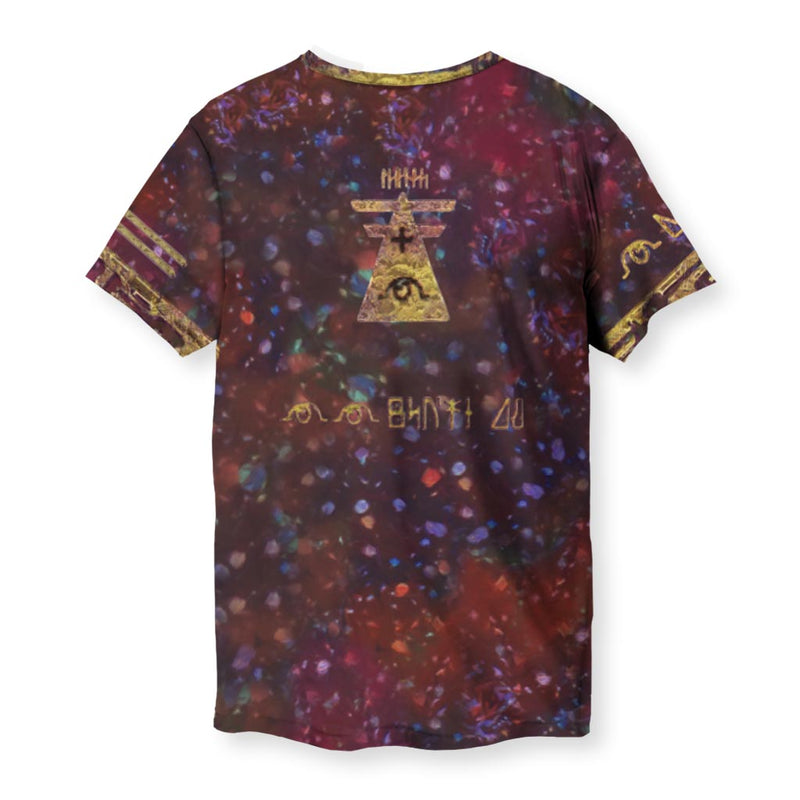 Graphic T-shirt with holographic pattern, gold ancient-style cat design and symbols
