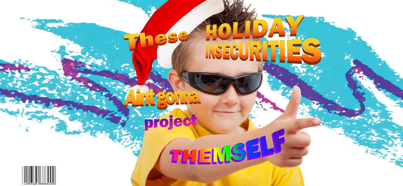 Person wearing a Santa hat and sunglasses with colorful text on a blue and white background