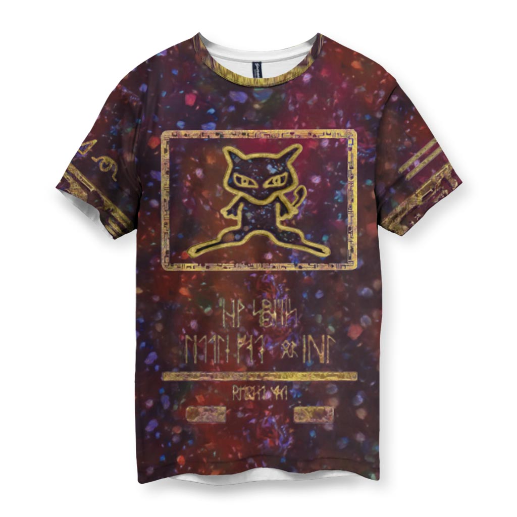 Graphic T-shirt with holographic pattern, gold ancient-style cat design and symbols