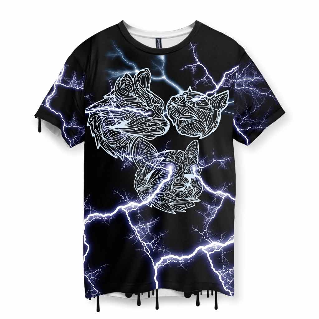Men's black t-shirt with glowing cat faces and electric lightning graphic design