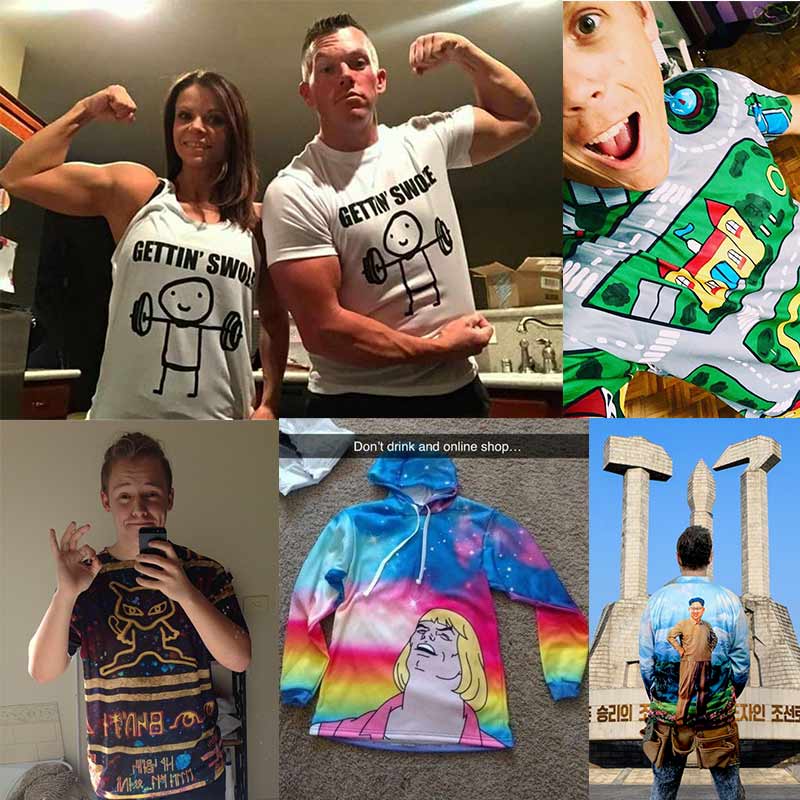 Collage of various people wearing different t-shirts and hoodies with various designs.