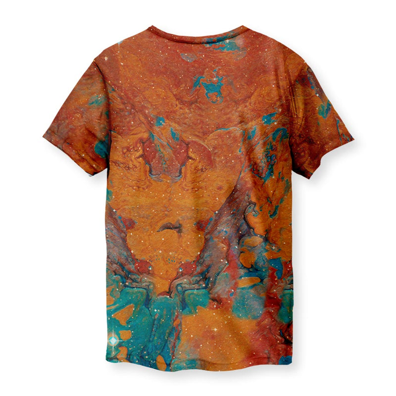 Men's t-shirt with giraffe graphic on orange teal abstract background