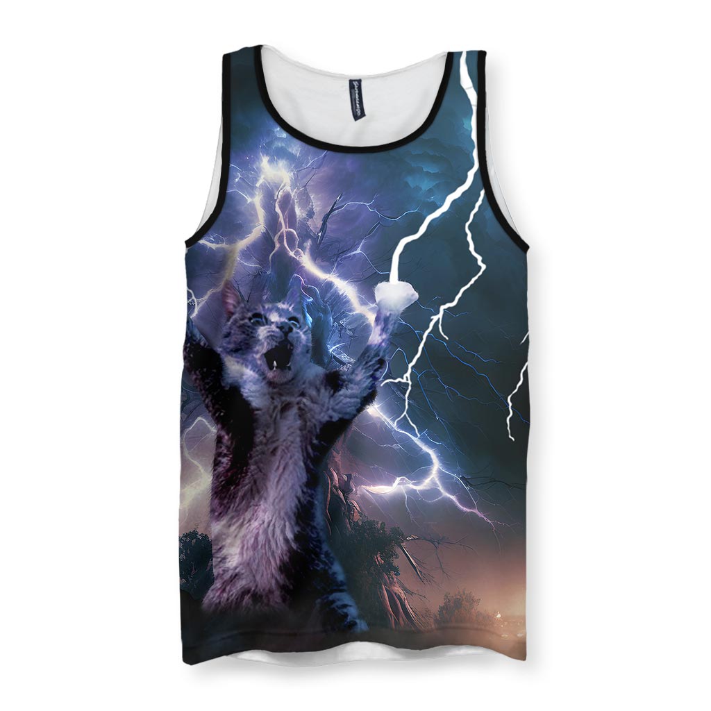 Men's tank top with dramatic cat and lightning storm graphic print