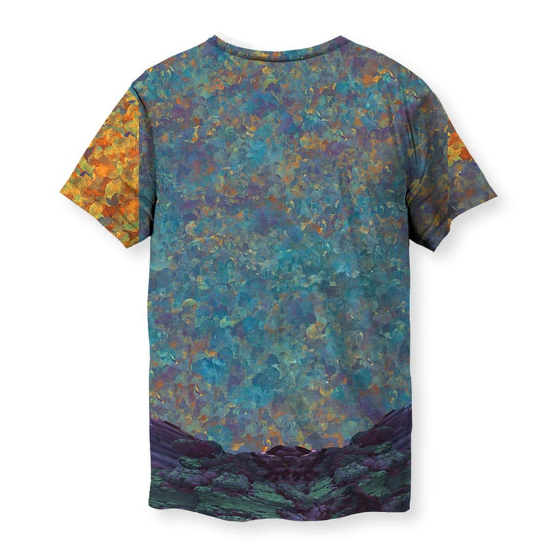 Men's graphic tee with a colorful fractal tree design and abstract landscape pattern.