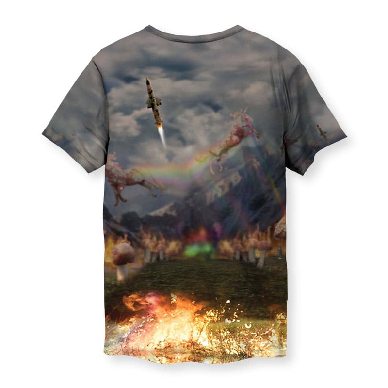 Men's graphic tee with a man riding a rainbow-breathing unicorn and dramatic background