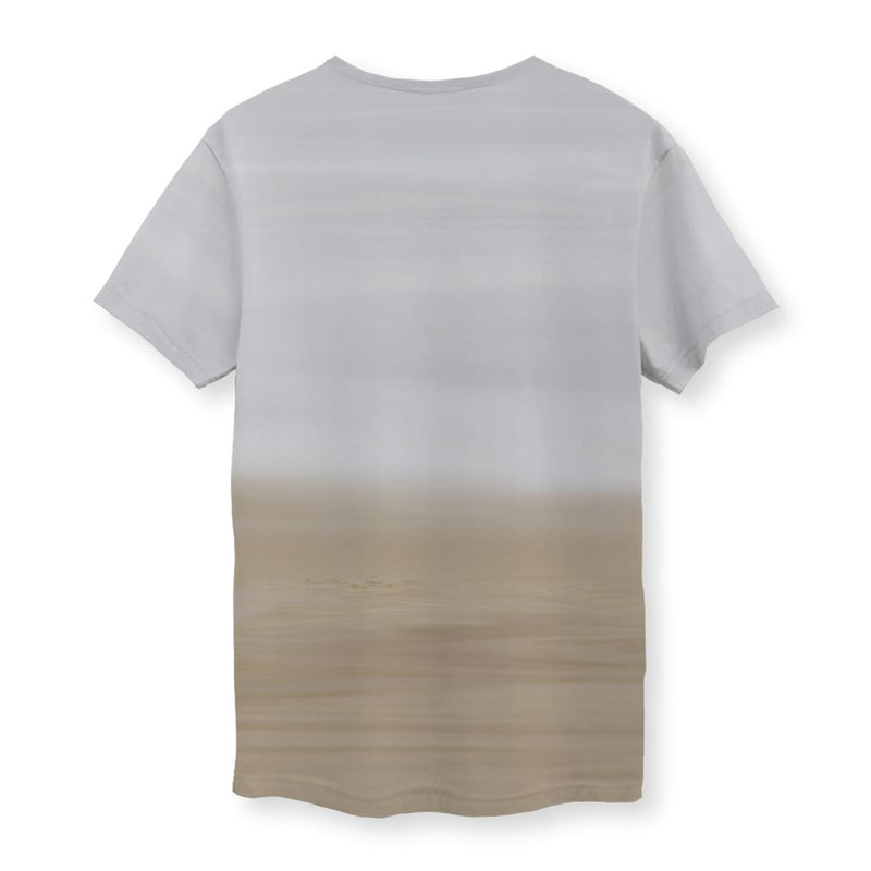 Men's graphic tee with print of armed people on a car in desert scene, streetwear fashion