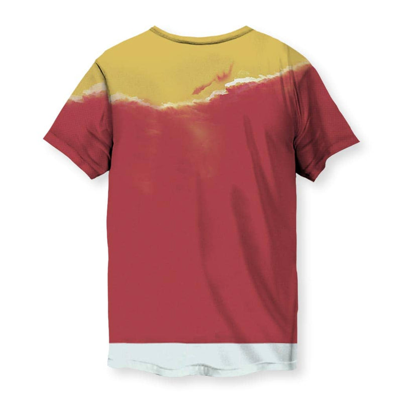 Men’s graphic t-shirt with illustration of man in tracksuit squatting and a rocket launch background.