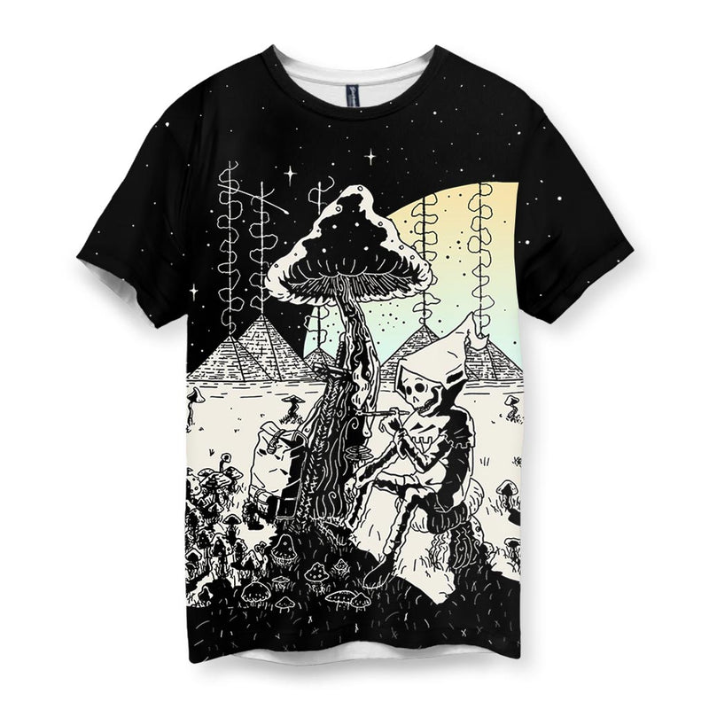 Man modeling graphic mushroom t-shirt with black and white surreal art design