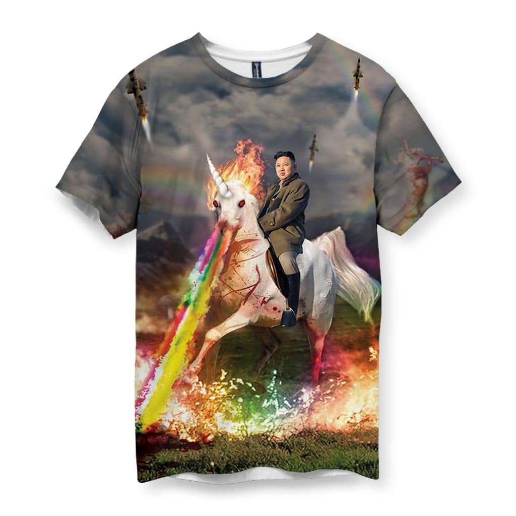 Men's graphic tee with a man riding a rainbow-breathing unicorn and dramatic background