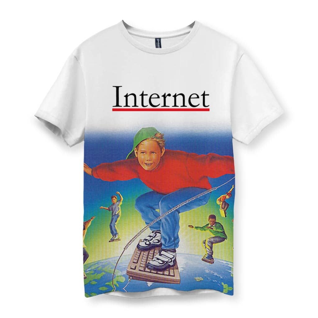 White men's t-shirt with 'Internet' text and retro graphic of kids surfing on keyboards