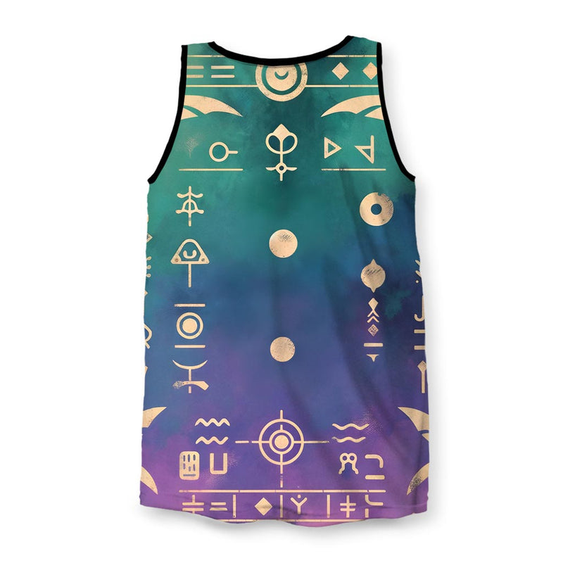 Colorful tank top with stylized cat and gold hieroglyphic symbols on teal and purple background