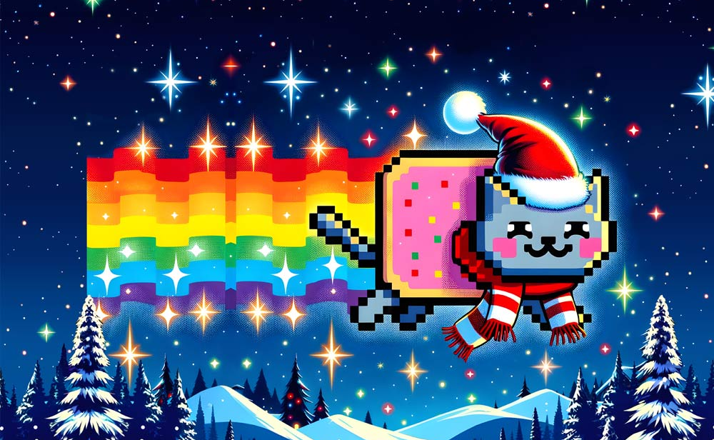Pixel art character in a Santa hat flying over a snowy landscape with a rainbow banner.