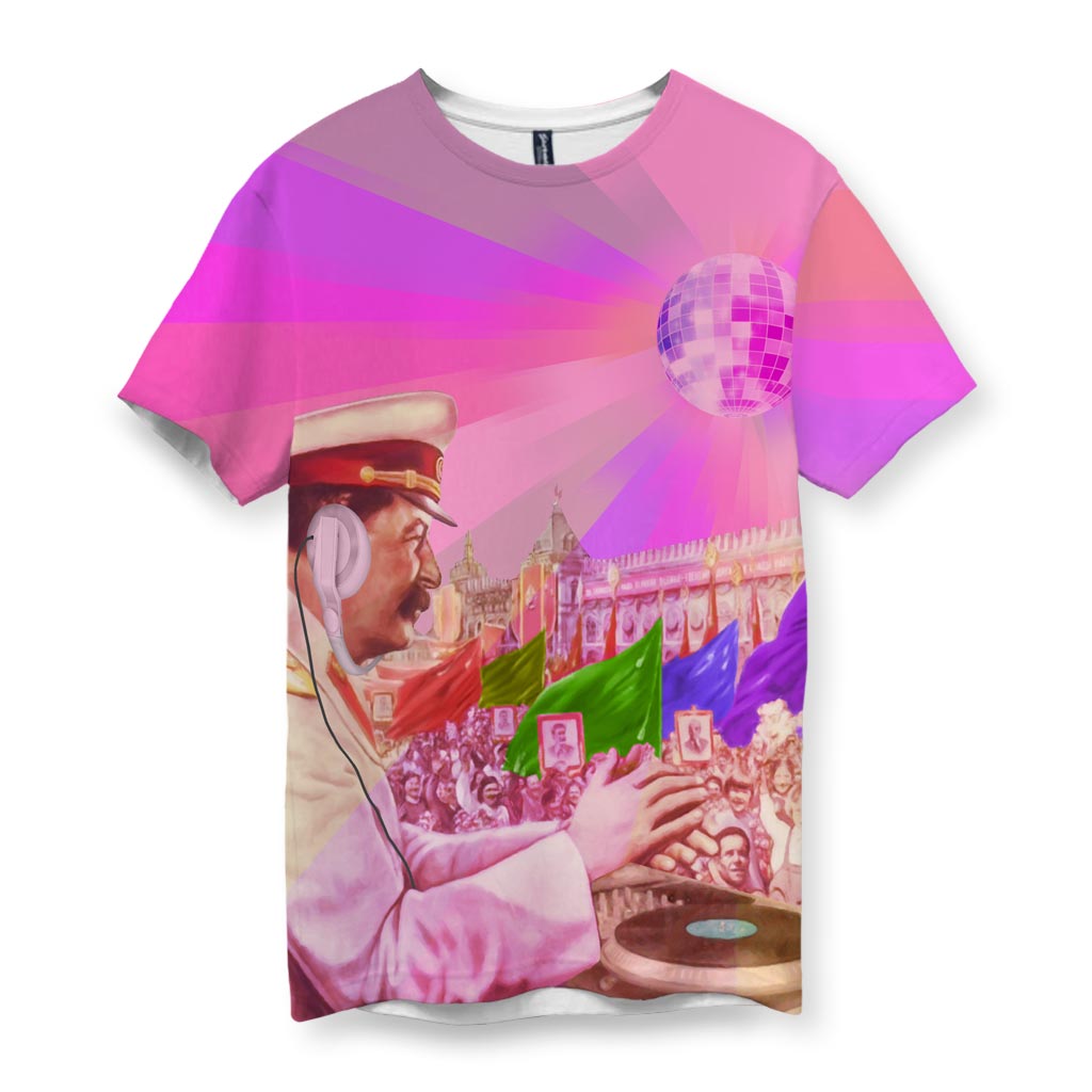 Colorful T-shirt with a vintage DJ in uniform, vibrant crowd, disco ball and rainbow flags.