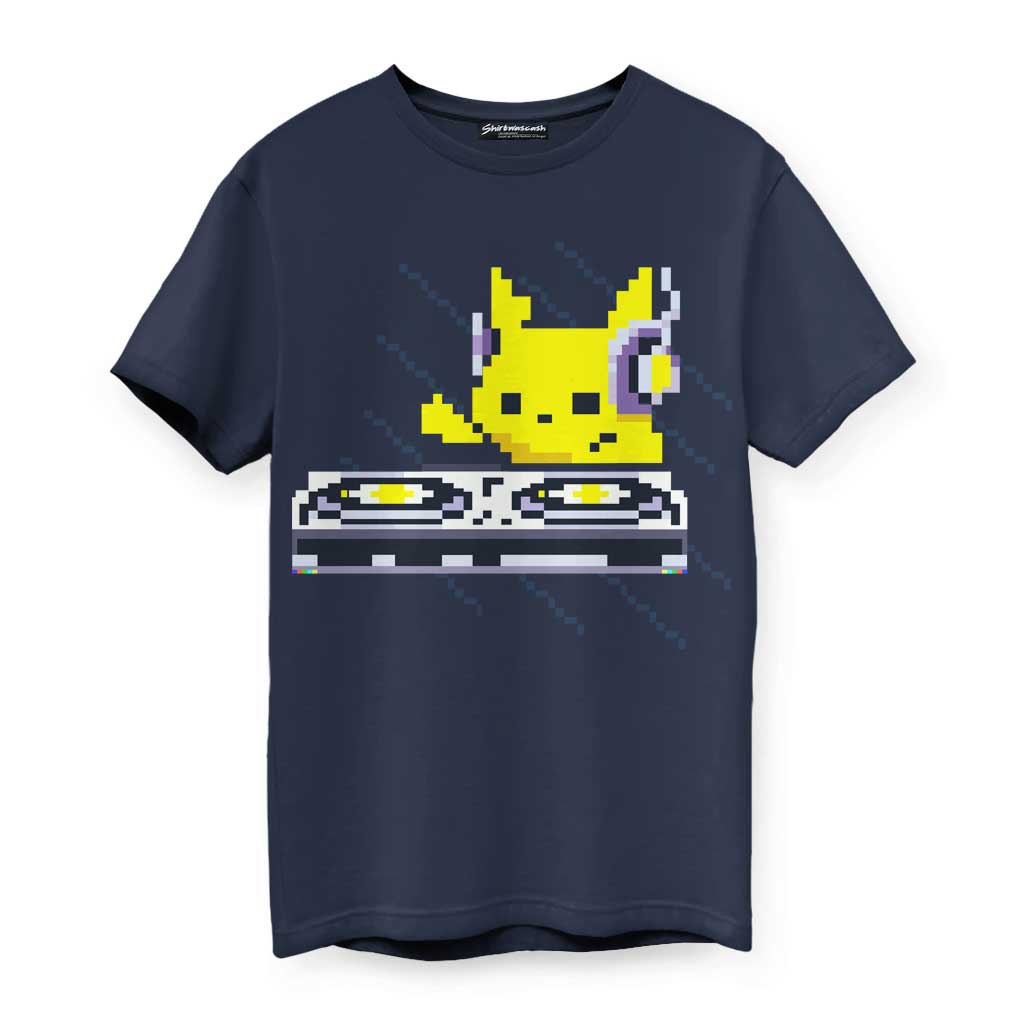 Navy blue t-shirt with pixel art yellow cat DJ graphic and turntables, fun casual wear