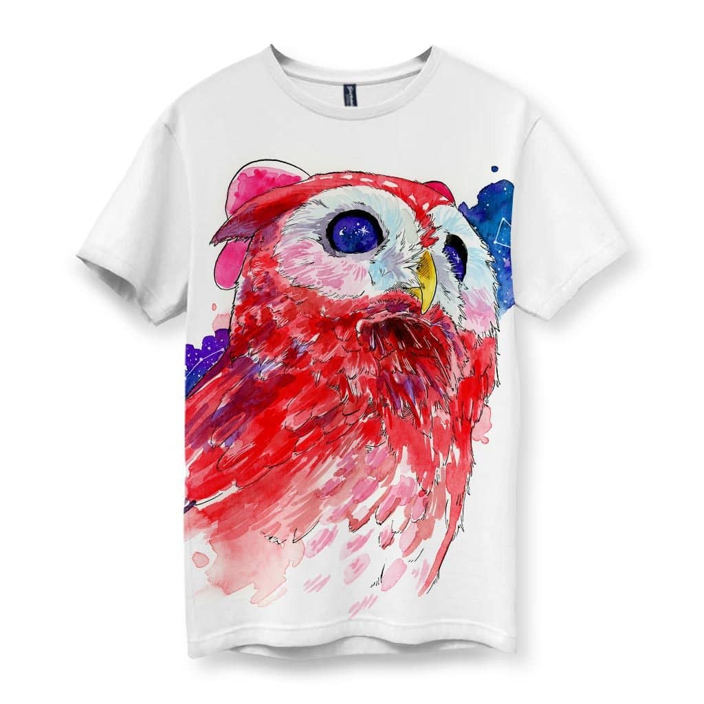 White men's t-shirt with vibrant watercolor red owl and starry night design on front