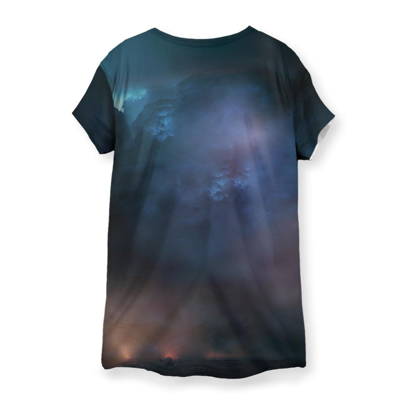 Women's t-shirt with a graphic of a cat summoning lightning in a stormy night sky.