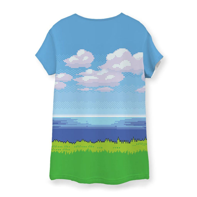 Women's t-shirt with pixel art landscape of sky, clouds, ocean, and green grass on front
