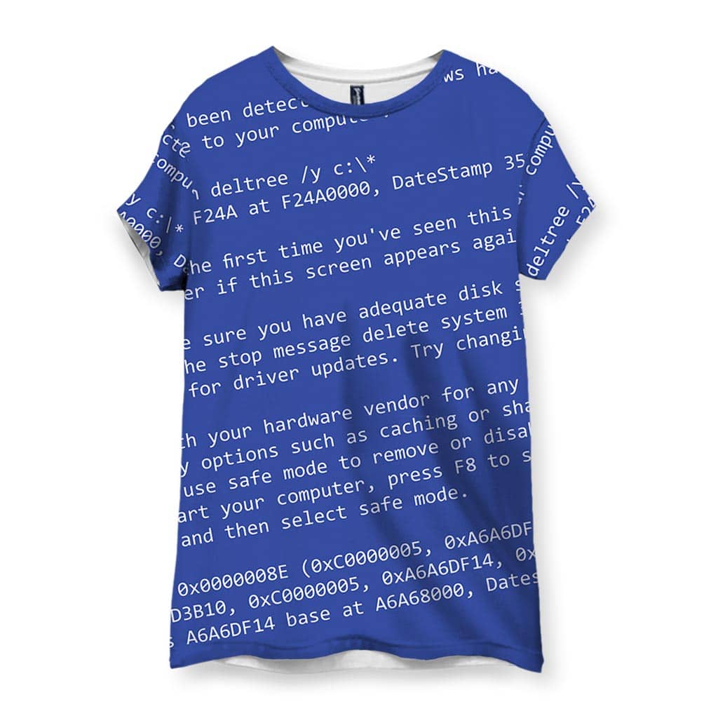 Women's blue t-shirt featuring white text in a computer error message print.