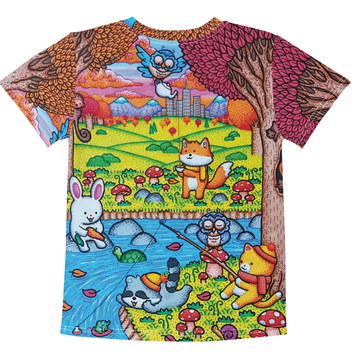 A Wonderful Fall Evening Kid's Tee - The yellow cat in a red beanie fishing in the Cerulean Blue (#2E8BC0) stream, contrasted against scale-textured foliage in rusted orange and deep Raspberry Red (#BE2859) and the distant urban skyline