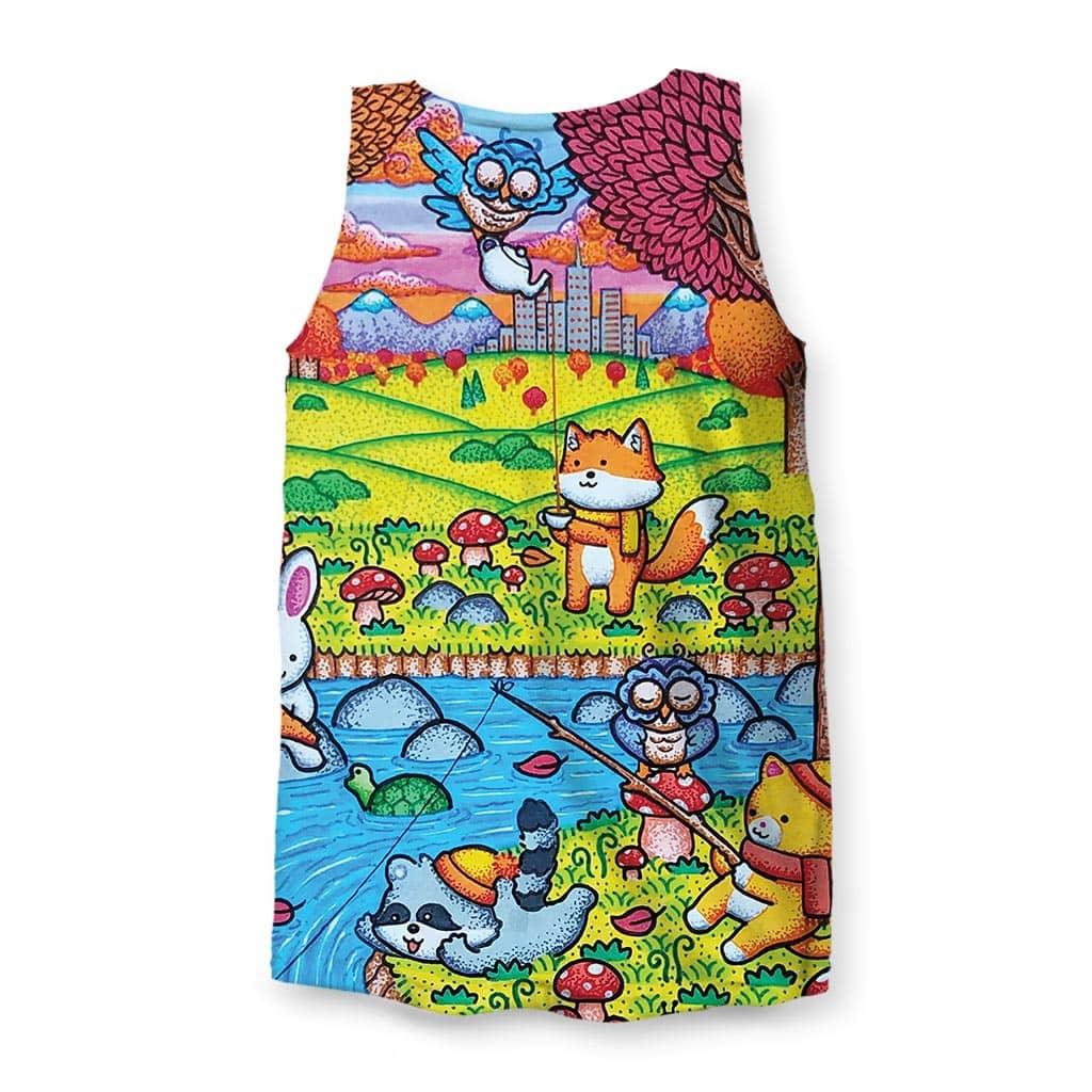 A Wonderful Fall Evening Men's Tank - The heavy stippling texture shading technique applied to the electric lime (#32CD32) hills and the anthropomorphic raccoon in a knit beanie