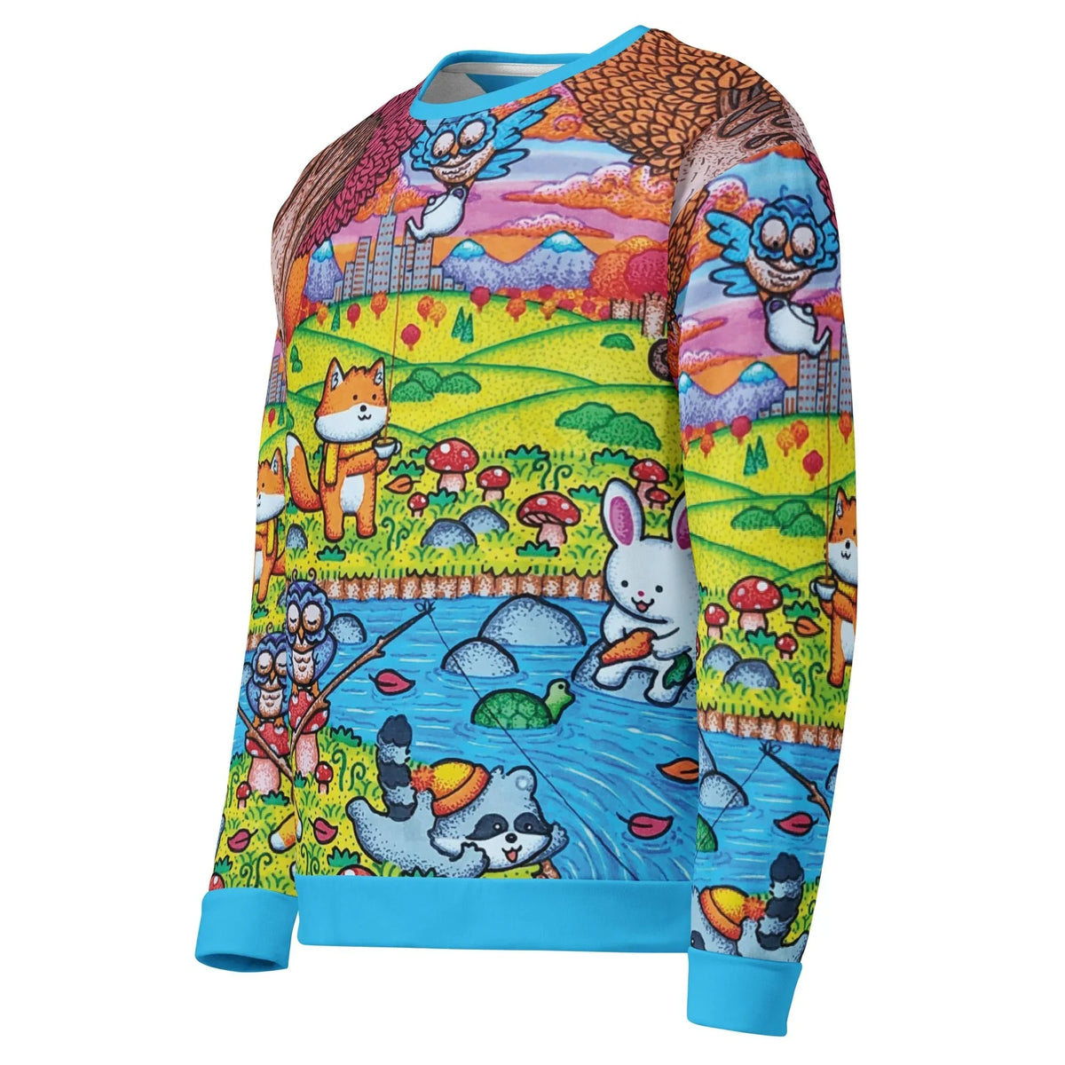 A Wonderful Fall Evening Sweatshirt in Storybook Azure & Autumn. OEKO-TEX® 100, REACH Compliant, GRS Certified.