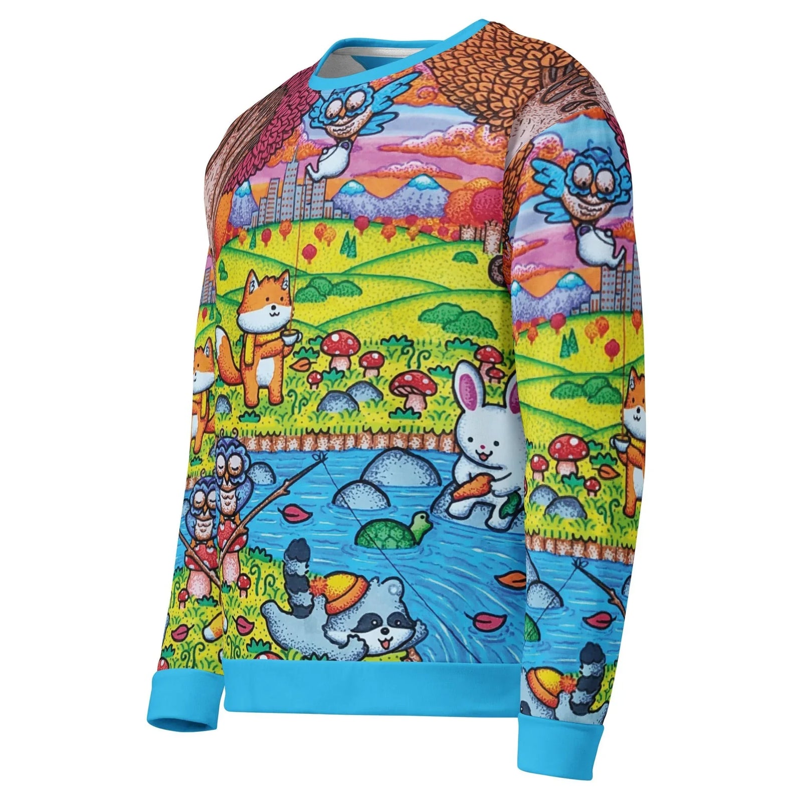 A Wonderful Fall Evening Sweatshirt in Storybook Azure & Autumn. OEKO-TEX® 100, REACH Compliant, GRS Certified.