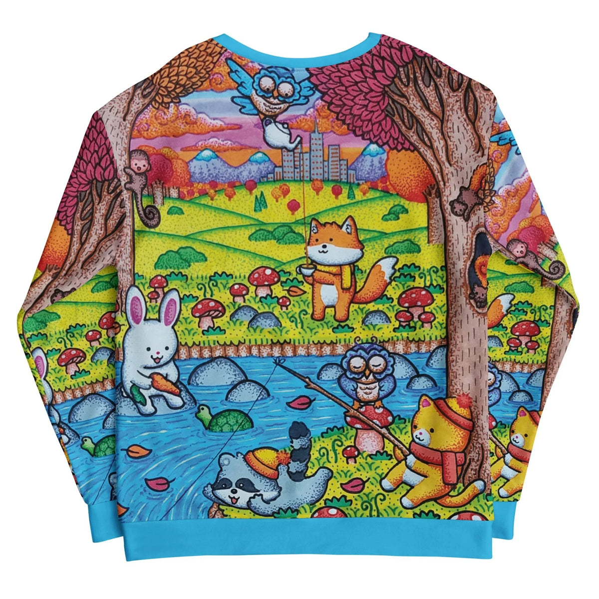A Wonderful Fall Evening Sweatshirt - The jarring juxtaposition of the hyper-synthetic "electric cyan" (#00BFFF) collar against a "chartreuse meadow green" (#DFFF00) landscape reminiscent of vintage educational children's books (e.g., *The Busy World of Richard Scarry*), with additional vibrant accents like "pumpkin spice" orange (#E9692C) foxes and magenta foliage enhancing the dopamine-inducing whimsy.