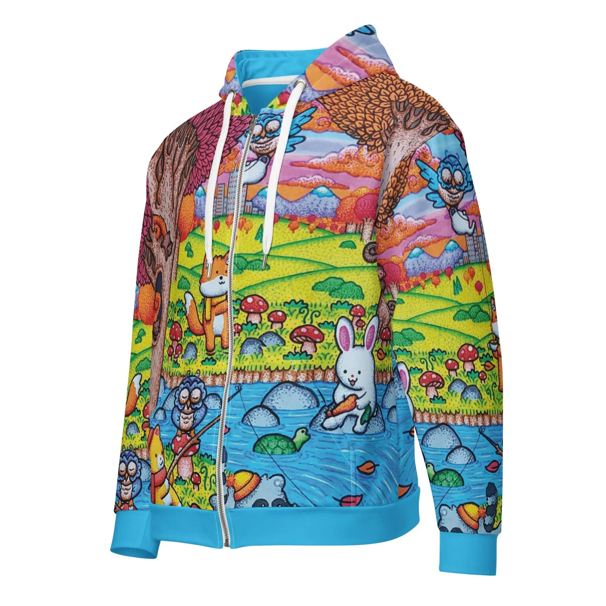 A Wonderful Fall Evening Zip Hoodie - The high-contrast collision of electric cyan river water (#2EB5F0) against berry pink tree canopies (#CE4B68) rendered in a dense, "Where's Waldo" style layout