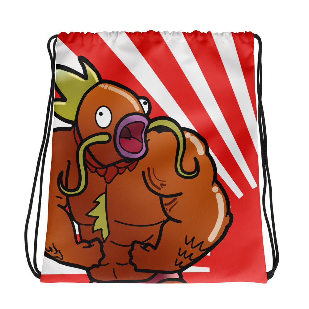 Drawstring bag with muscular cartoon fish design and red and white striped background