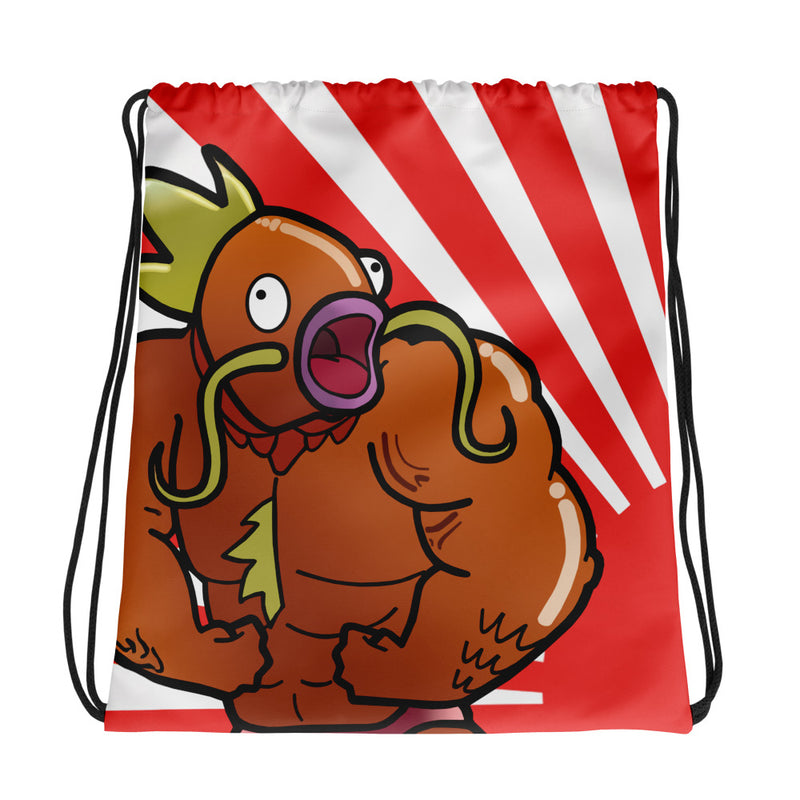 Drawstring bag with muscular cartoon fish design and red and white striped background