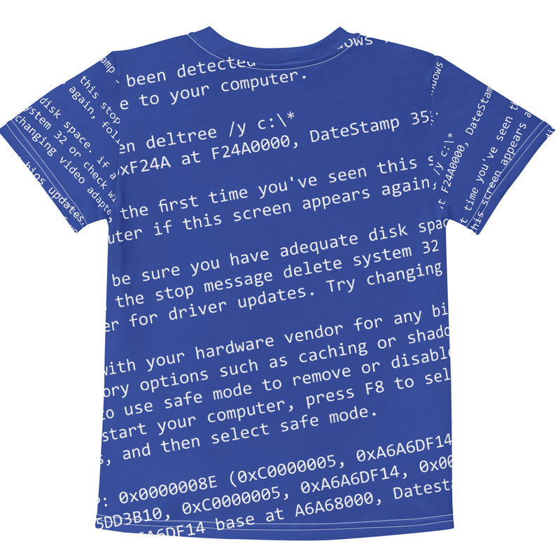 Kids' blue crew neck t-shirt with all-over white error code print, hung on black hanger