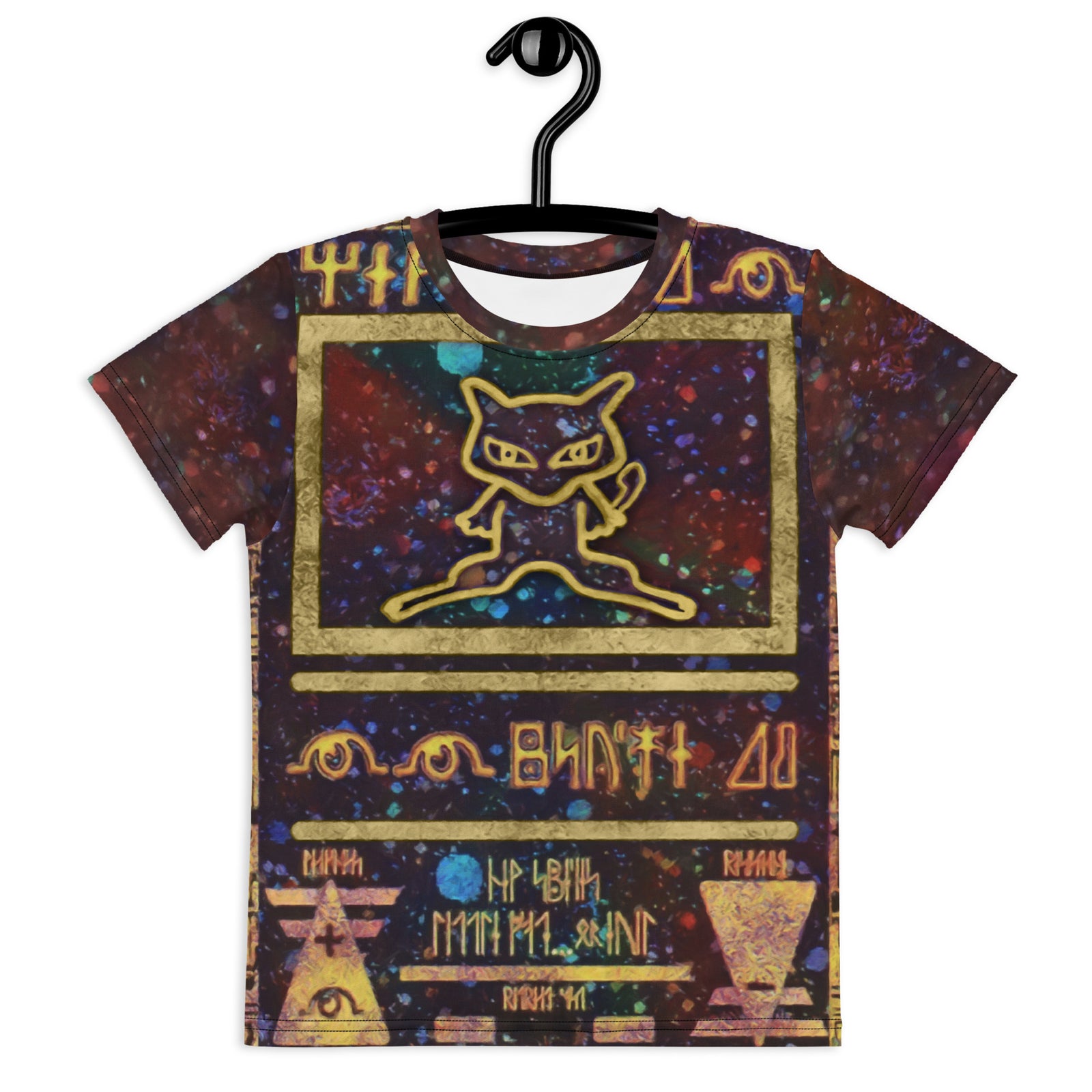 Kids crew neck t-shirt with colorful galaxy print and gold outlined cartoon cat design
