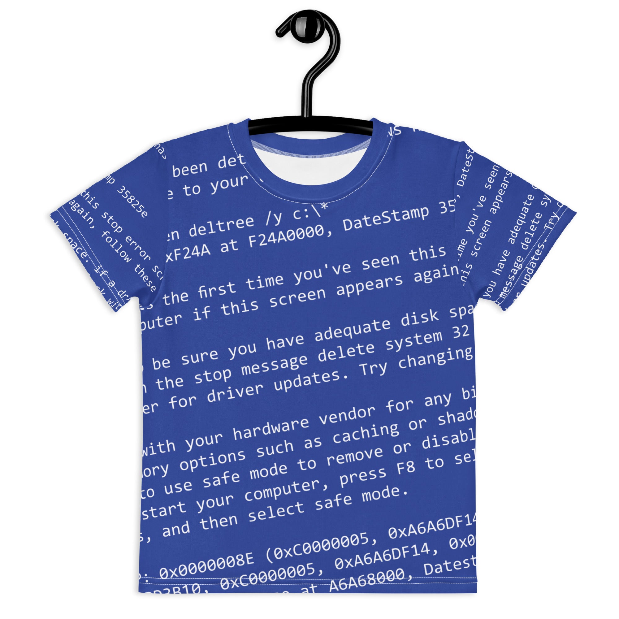 Kids' blue crew neck t-shirt with all-over white error code print, hung on black hanger