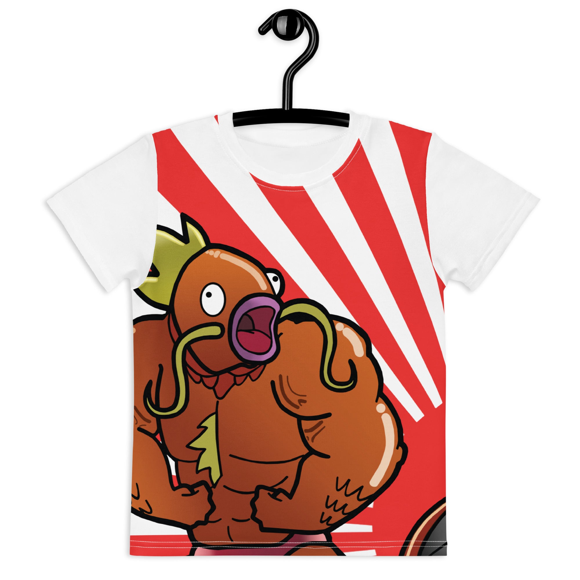 Kids white crew neck t-shirt with cartoon muscular fish graphic and red sunburst pattern
